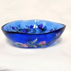 HANDPAINTED Cobalt Blue Bowl Floral Serving Dish Large Butterfly Roses Dimpled